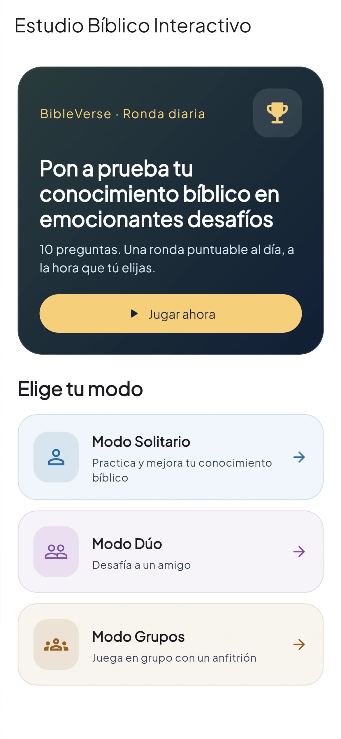 BibleVerse: Ronda diaria y modos de preguntas