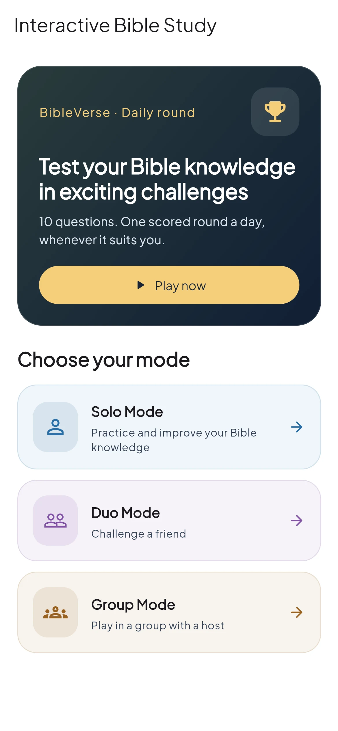 BibleVerse: Daily round and quiz modes