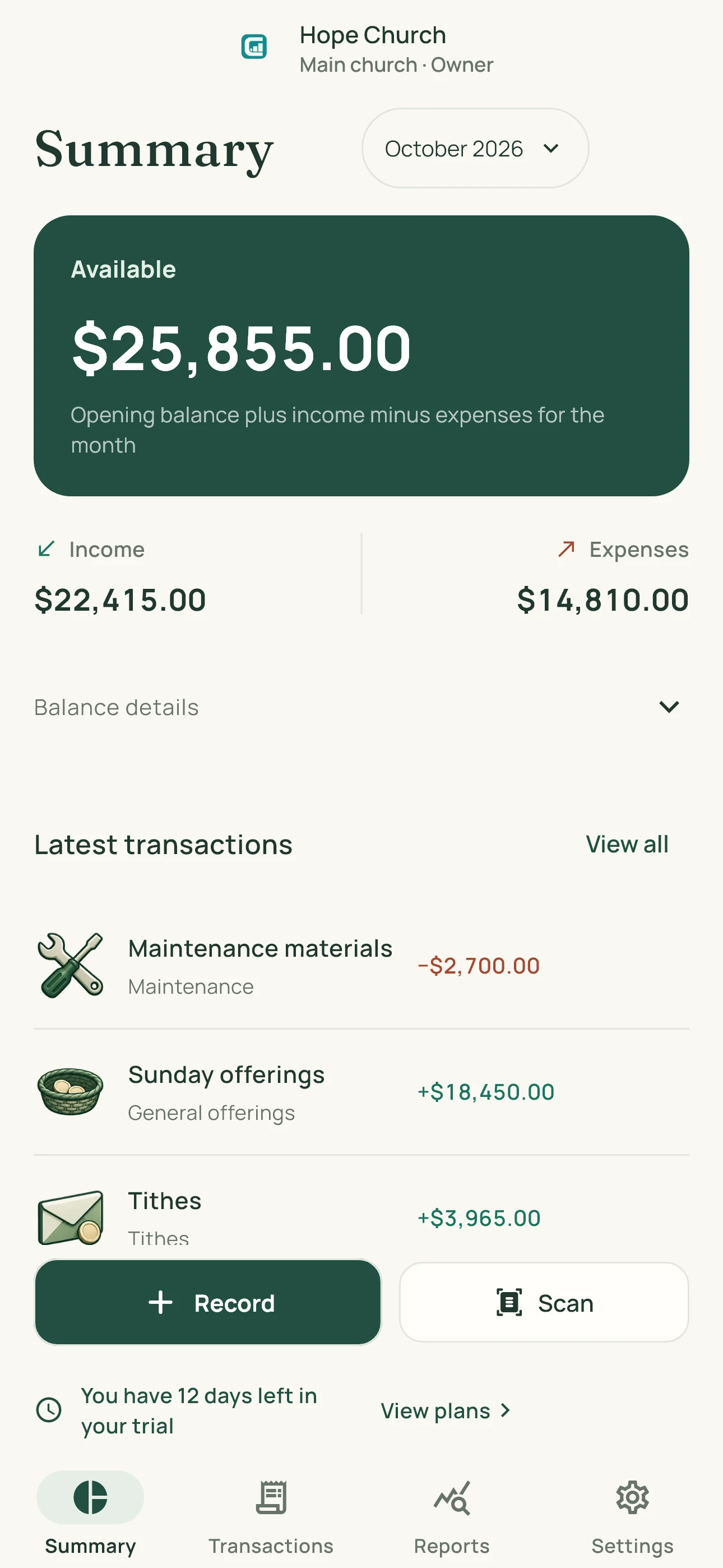 ContaIglesia: Summary, transactions and scanner access