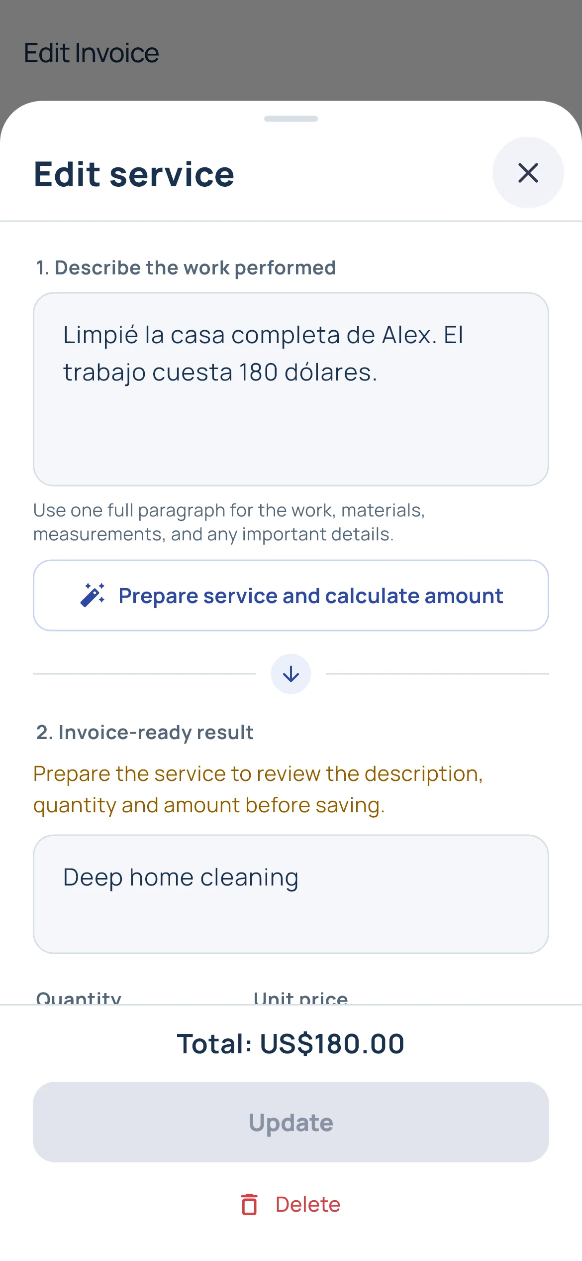 Invoicista: Review the service in English and adjust its price