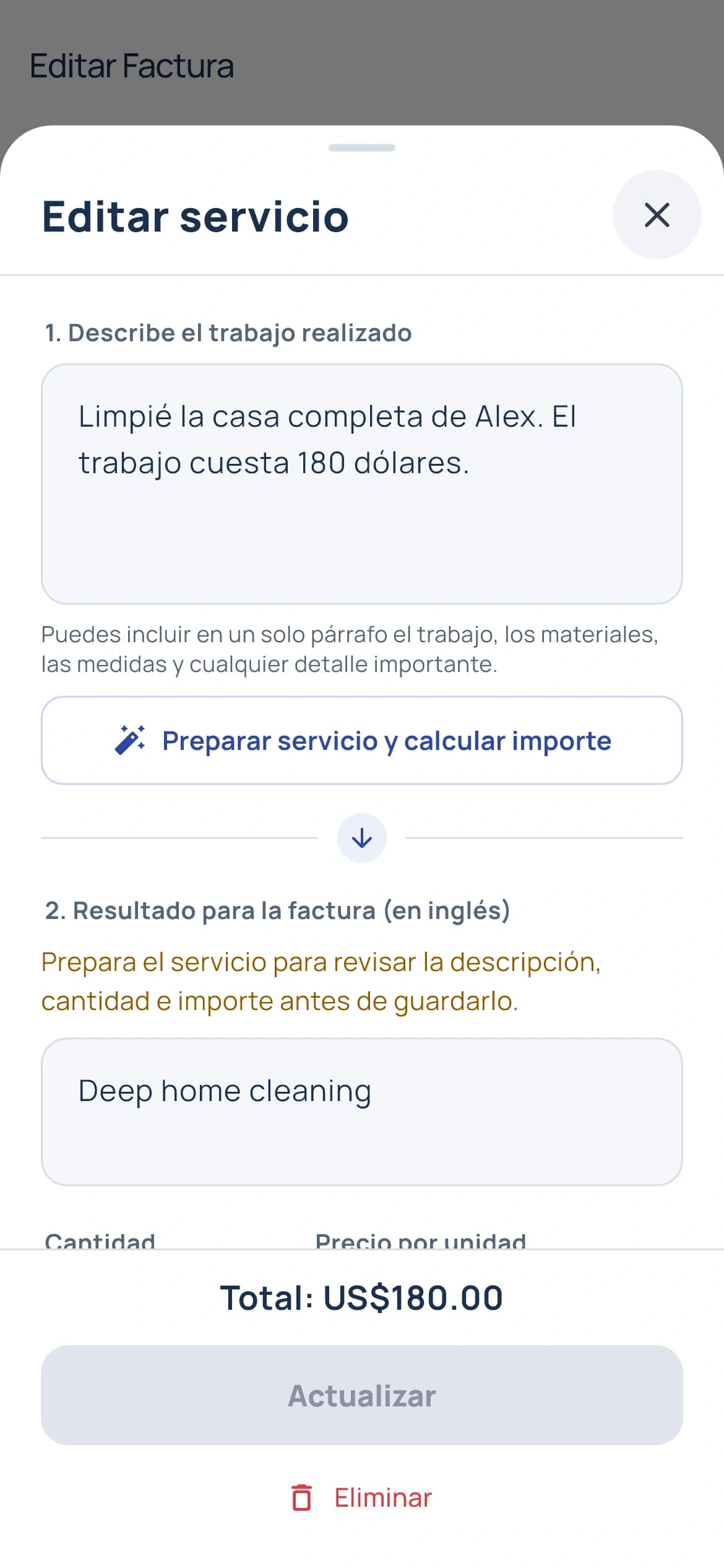 Invoicista: Revisa el servicio en inglés y ajusta su importe